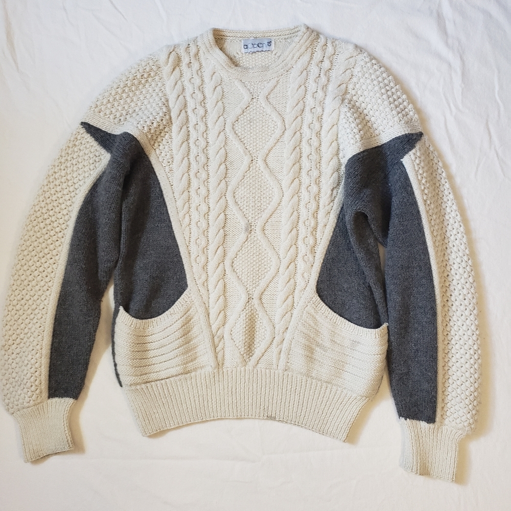 Irish Handknit Pure Wool Accento Crewneck Aran Sweater White/Black Size L
